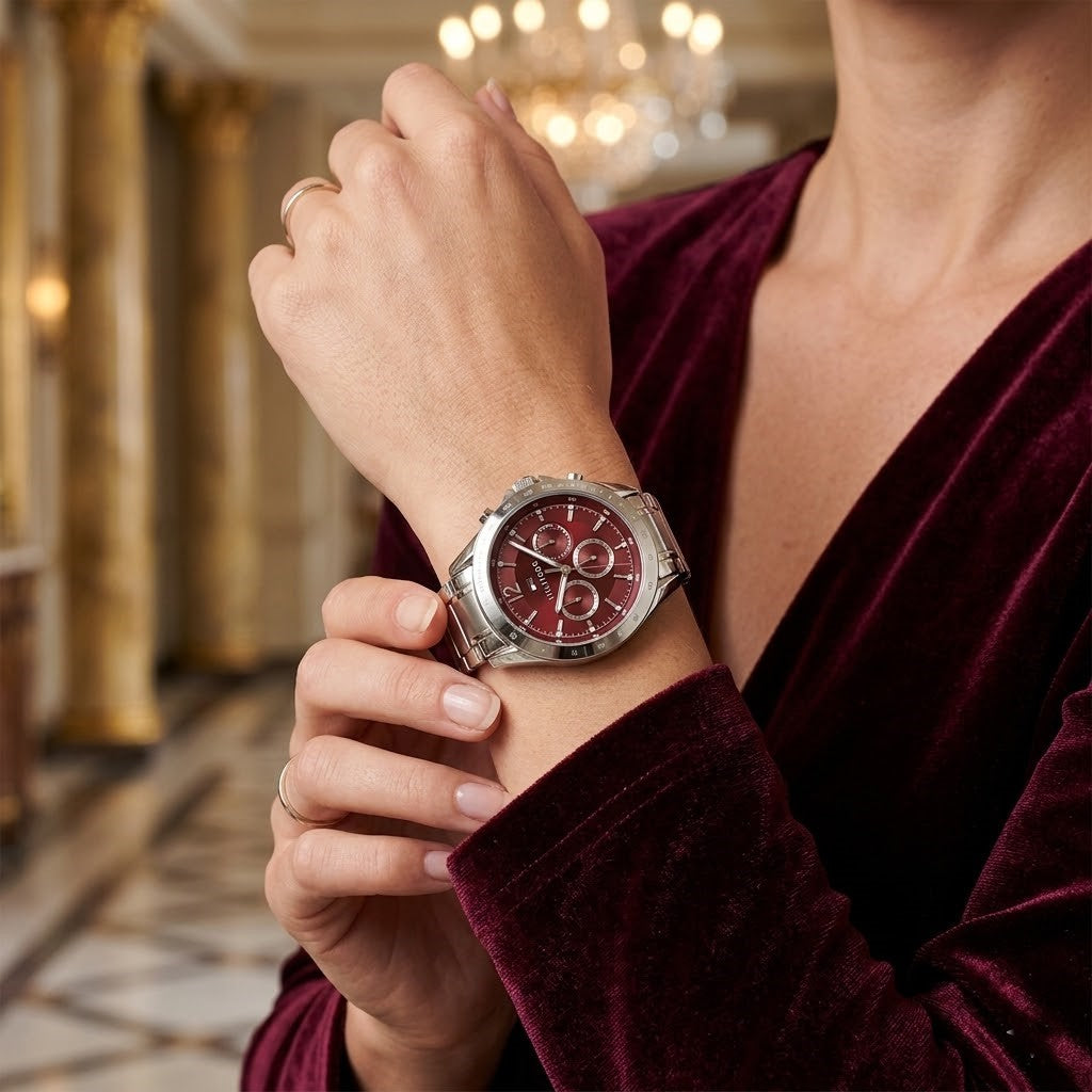 Tommy Hilfiger Kenzie 1782559 38mm Women's Multi-Function Watch – Red Sunray & Silver Stainless Steel Bracelet