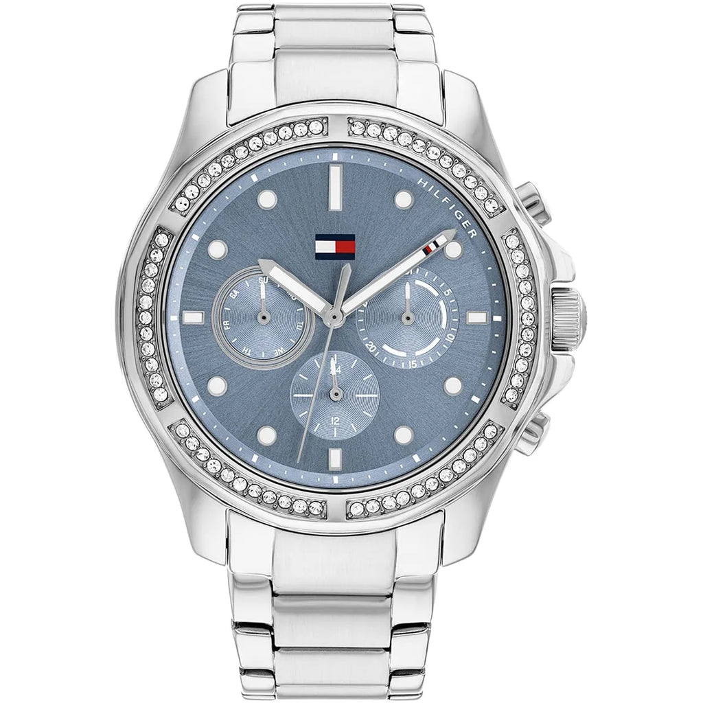 Tommy Hilfiger Lori 1782569 36mm Women's Quartz Watch – Blue Monogram & Silver Stainless Steel Bracelet