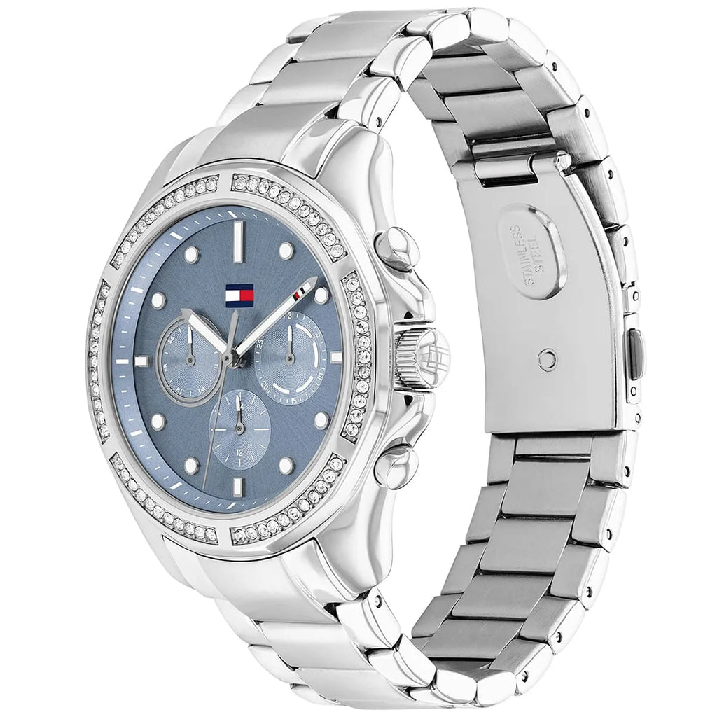 Tommy Hilfiger Lori 1782569 36mm Women's Quartz Watch – Blue Monogram & Silver Stainless Steel Bracelet