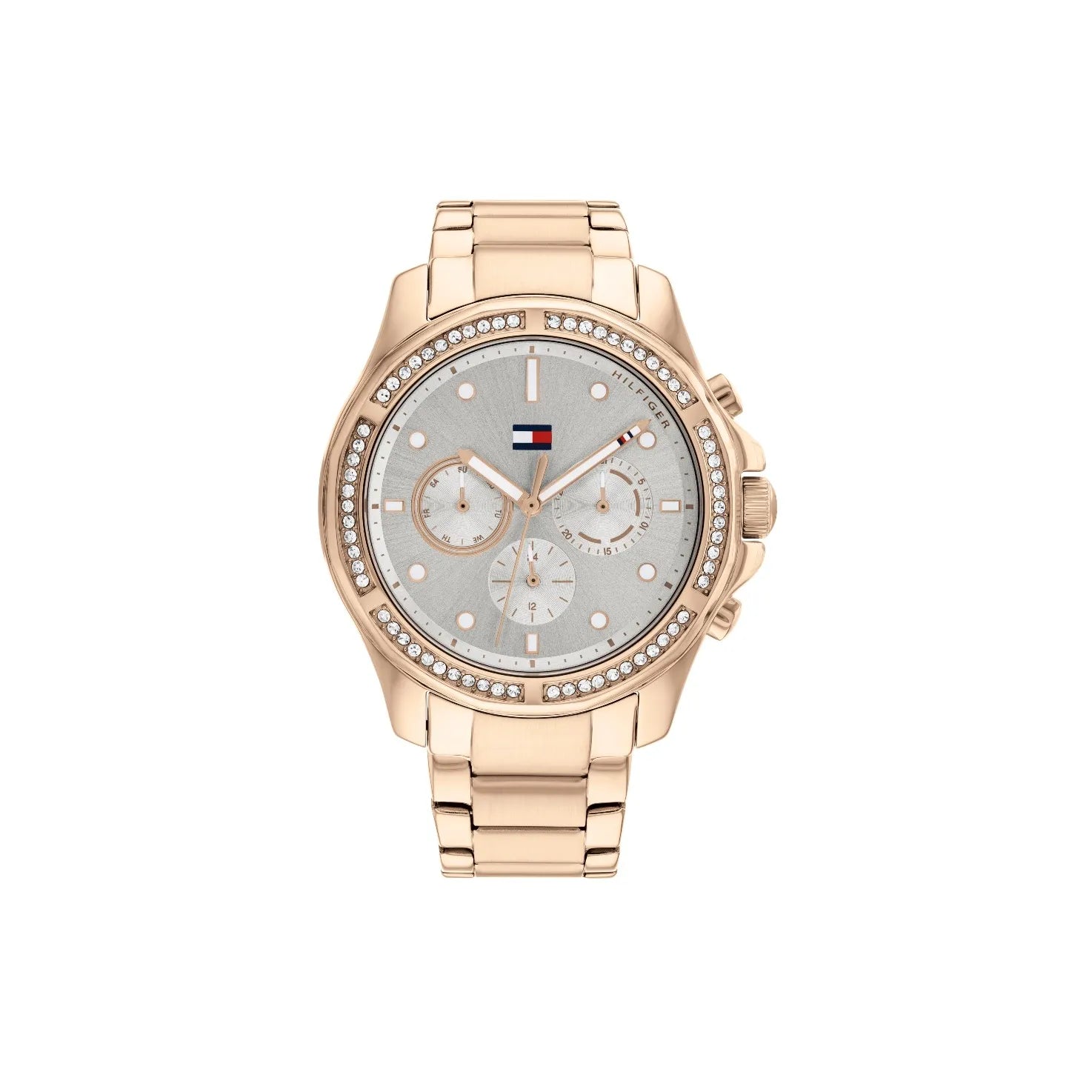 Tommy Hilfiger Brooklyn 1782572 40mm Women's Multi-Function Watch – Silver Sunray & Rose Gold Stainless Steel Bracelet
