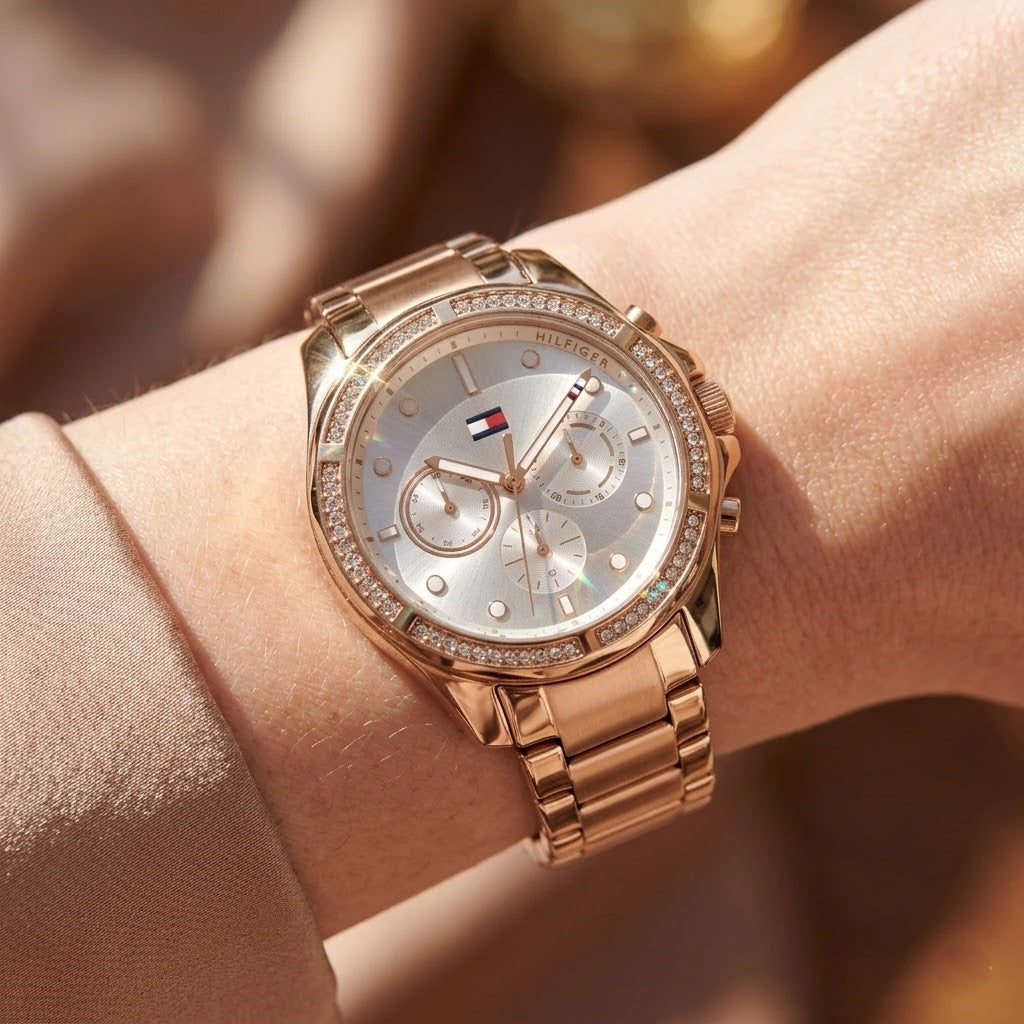 Tommy Hilfiger Brooklyn 1782572 40mm Women's Multi-Function Watch – Silver Sunray & Rose Gold Stainless Steel Bracelet