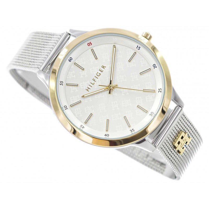 Tommy Hilfiger Signature 1782586 36mm Women's Quartz Watch – White Monogram & Two-Tone Stainless Steel Mesh Bracelet