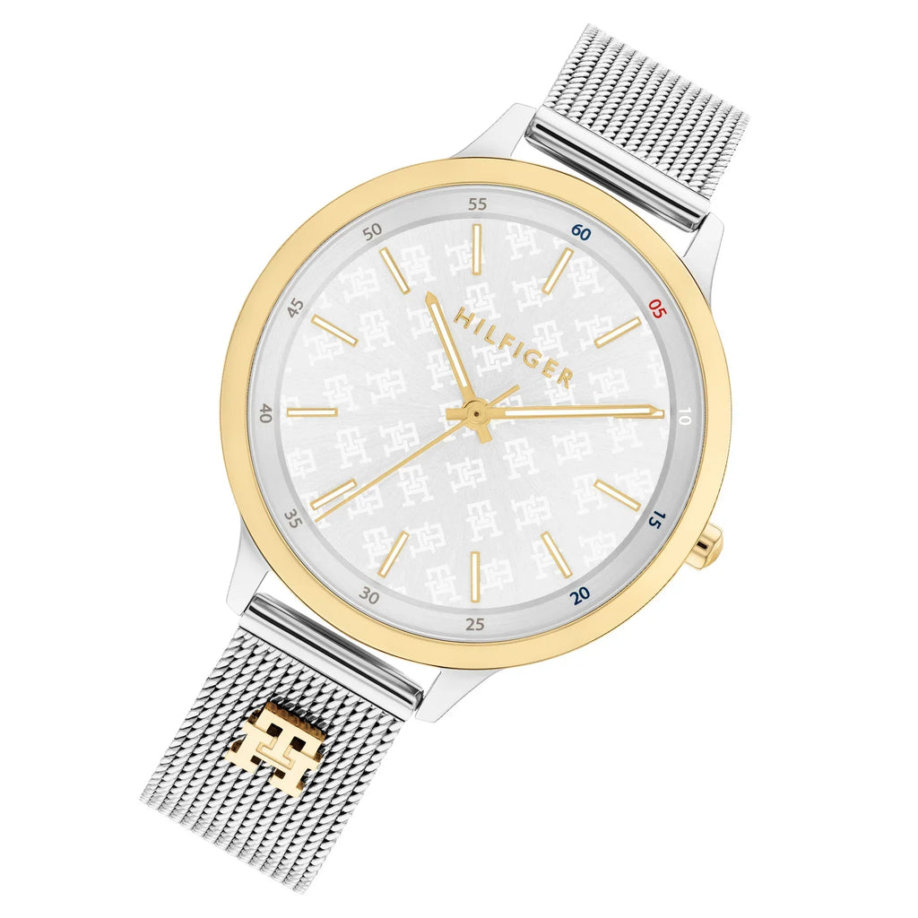 Tommy Hilfiger Signature 1782586 36mm Women's Quartz Watch – White Monogram & Two-Tone Stainless Steel Mesh Bracelet