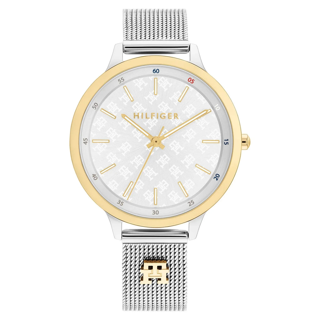Tommy Hilfiger Signature 1782586 36mm Women's Quartz Watch – White Monogram & Two-Tone Stainless Steel Mesh Bracelet