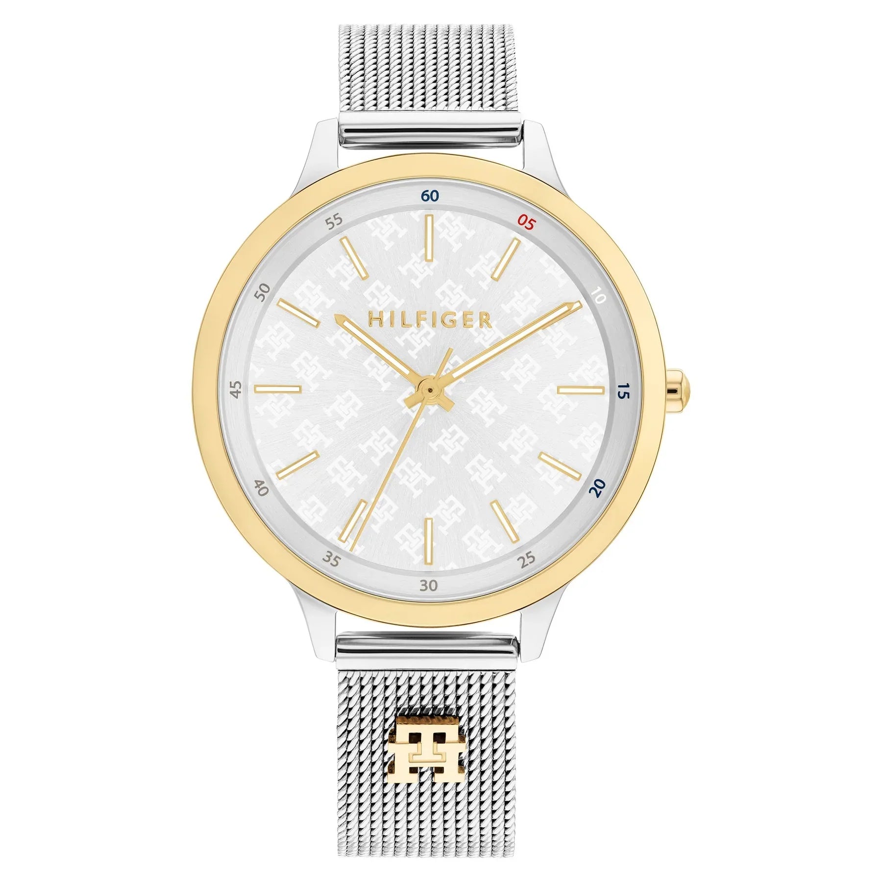 Tommy Hilfiger Signature 1782586 36mm Women's Quartz Watch – White Monogram & Two-Tone Stainless Steel Mesh Bracelet