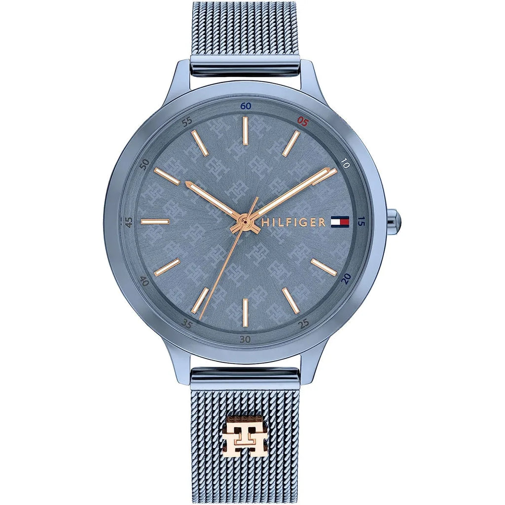Tommy Hilfiger Iris 1782589 36mm Women's Quartz Watch – Slate Blue Monogram & Slate Blue Stainless Steel Mesh Bracelet