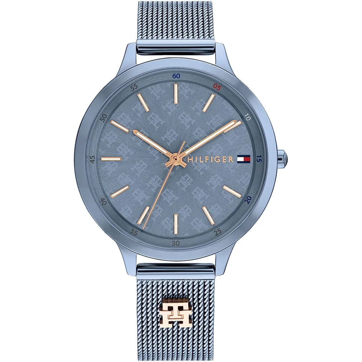 Tommy Hilfiger Iris 1782589 36mm Women's Quartz Watch – Slate Blue Monogram & Slate Blue Stainless Steel Mesh Bracelet