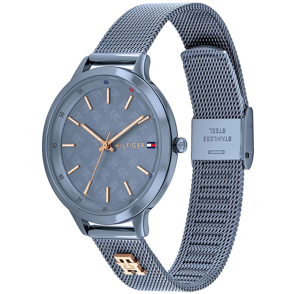 Tommy Hilfiger Iris 1782589 36mm Women's Quartz Watch – Slate Blue Monogram & Slate Blue Stainless Steel Mesh Bracelet