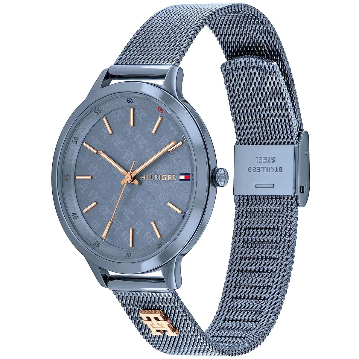 Tommy Hilfiger Iris 1782589 36mm Women's Quartz Watch – Slate Blue Monogram & Slate Blue Stainless Steel Mesh Bracelet