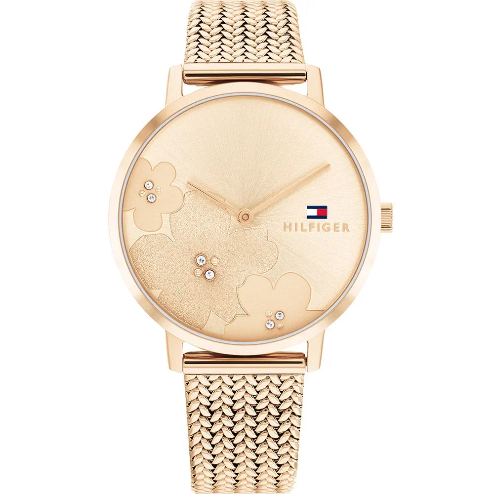Tommy Hilfiger Carnation 1782603 34mm Women's Quartz Watch – Gold Floral & Rose Gold Stainless Steel Mesh Bracelet