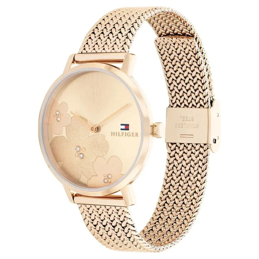Tommy Hilfiger Carnation 1782603 34mm Women's Quartz Watch – Gold Floral & Rose Gold Stainless Steel Mesh Bracelet