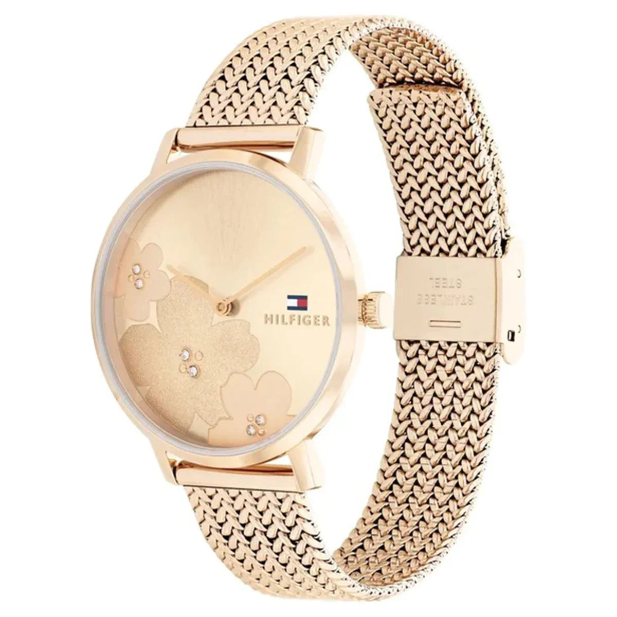 Tommy Hilfiger Carnation 1782603 34mm Women's Quartz Watch – Gold Floral & Rose Gold Stainless Steel Mesh Bracelet