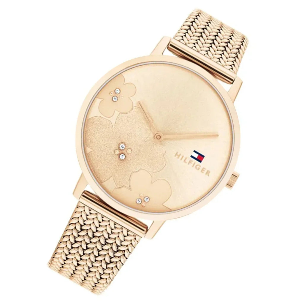 Tommy Hilfiger Carnation 1782603 34mm Women's Quartz Watch – Gold Floral & Rose Gold Stainless Steel Mesh Bracelet