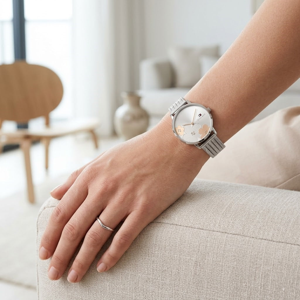 Tommy Hilfiger Slim 1782604 34mm Women's Quartz Watch – Silver Sunray & Silver Stainless Steel Mesh Bracelet