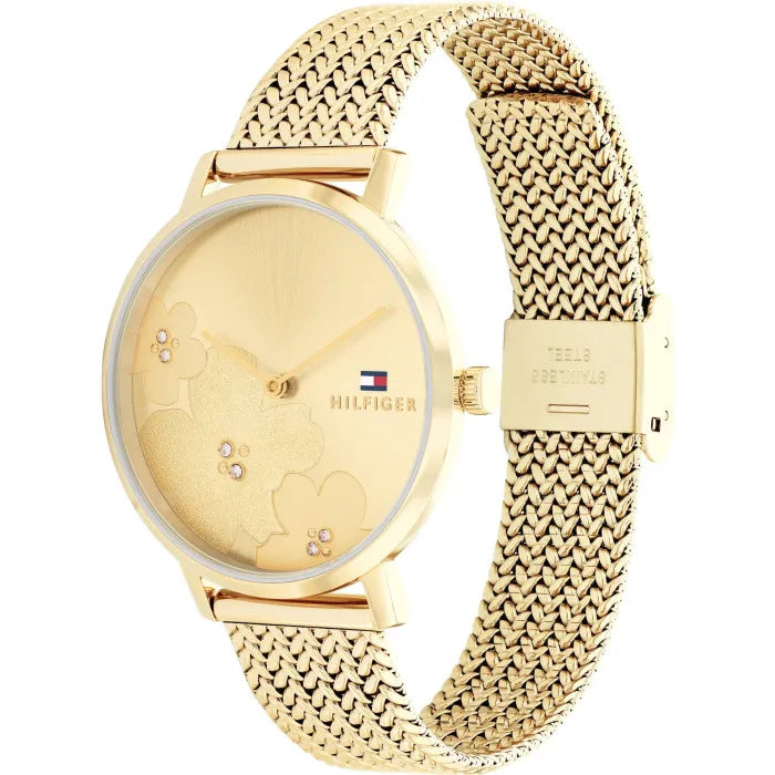 Tommy Hilfiger Slim 1782606 34mm Women's Quartz Watch – Gold Floral & Gold Stainless Steel Mesh Bracelet
