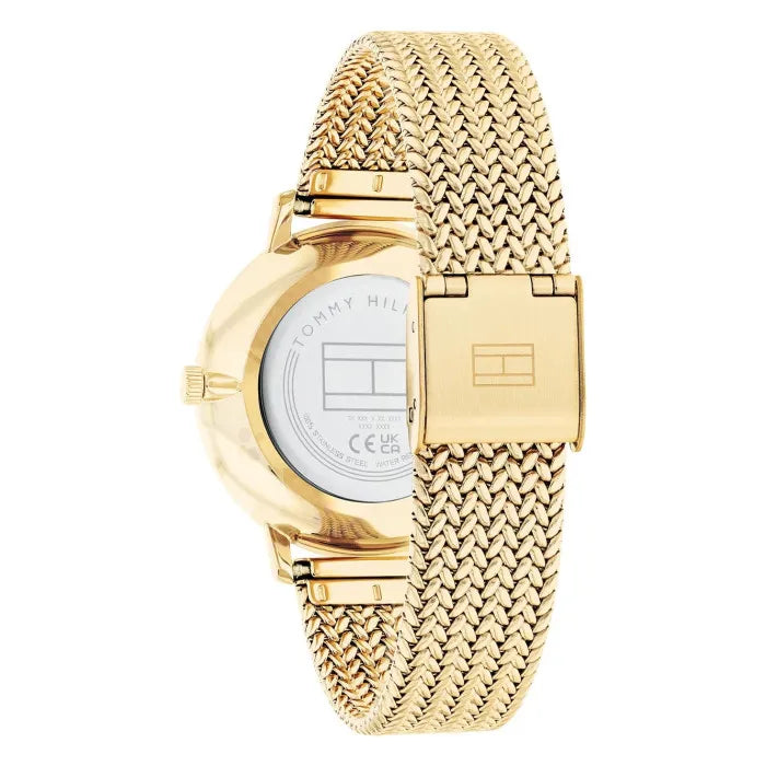 Tommy Hilfiger Slim 1782606 34mm Women's Quartz Watch – Gold Floral & Gold Stainless Steel Mesh Bracelet