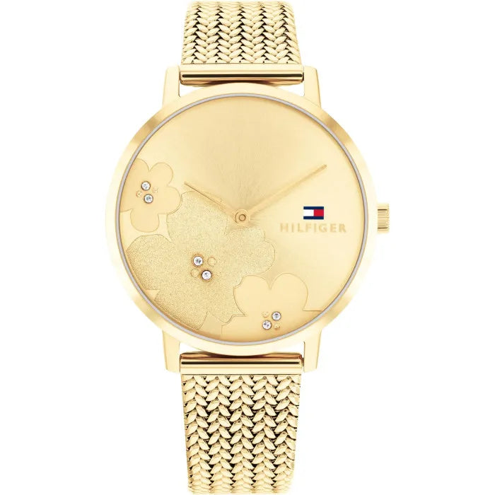Tommy Hilfiger Slim 1782606 34mm Women's Quartz Watch – Gold Floral & Gold Stainless Steel Mesh Bracelet