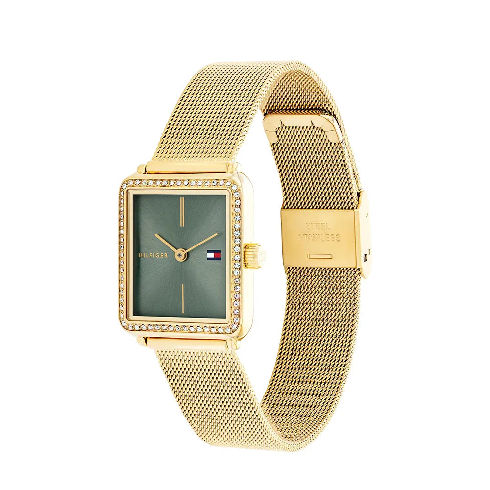 Tommy Hilfiger Tea 1782791 Women's Quartz Watch – Sage Green Sunray & Gold Stainless Steel Mesh Bracelet