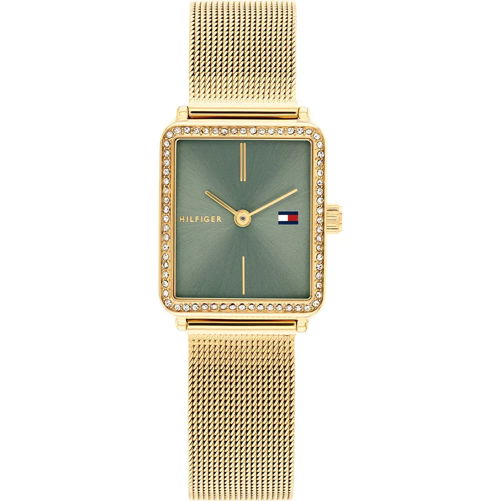 Tommy Hilfiger Tea 1782791 Women's Quartz Watch – Sage Green Sunray & Gold Stainless Steel Mesh Bracelet