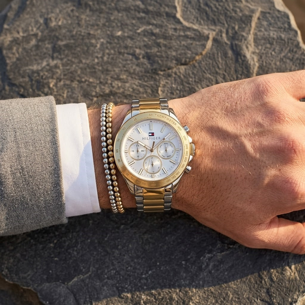 Tommy Hilfiger Hudson 1791226 44mm Men's Chronograph Watch – Silver Sunray & Two-Tone Stainless Steel Bracelet