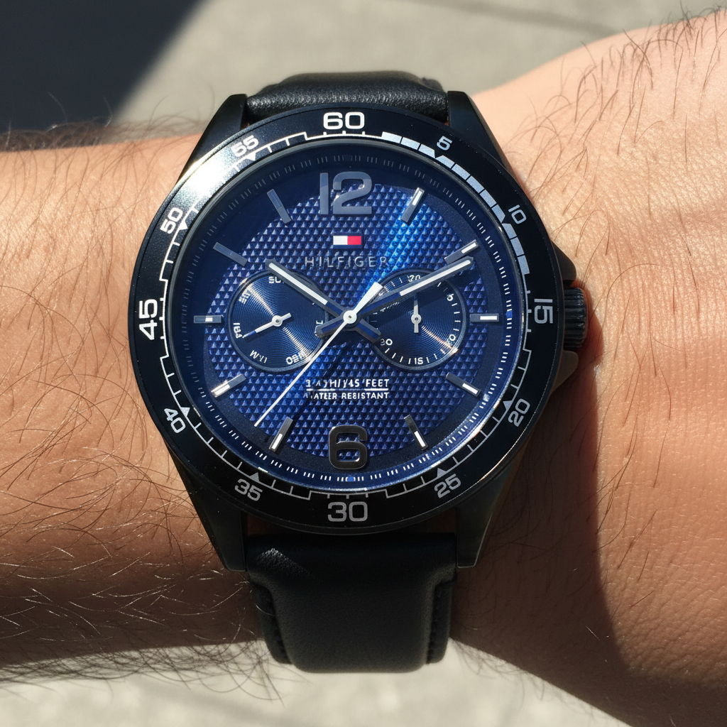 Tommy Hilfiger Erik 1791368 46mm Men's Multi-Function Watch – Blue Textured & Black Genuine Leather Strap