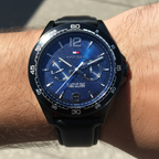 Tommy Hilfiger Erik 1791368 46mm Men's Multi-Function Watch – Blue Textured & Black Genuine Leather Strap