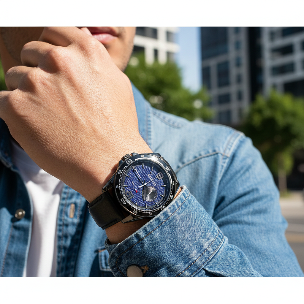 Tommy Hilfiger Erik 1791368 46mm Men's Multi-Function Watch – Blue Textured & Black Genuine Leather Strap
