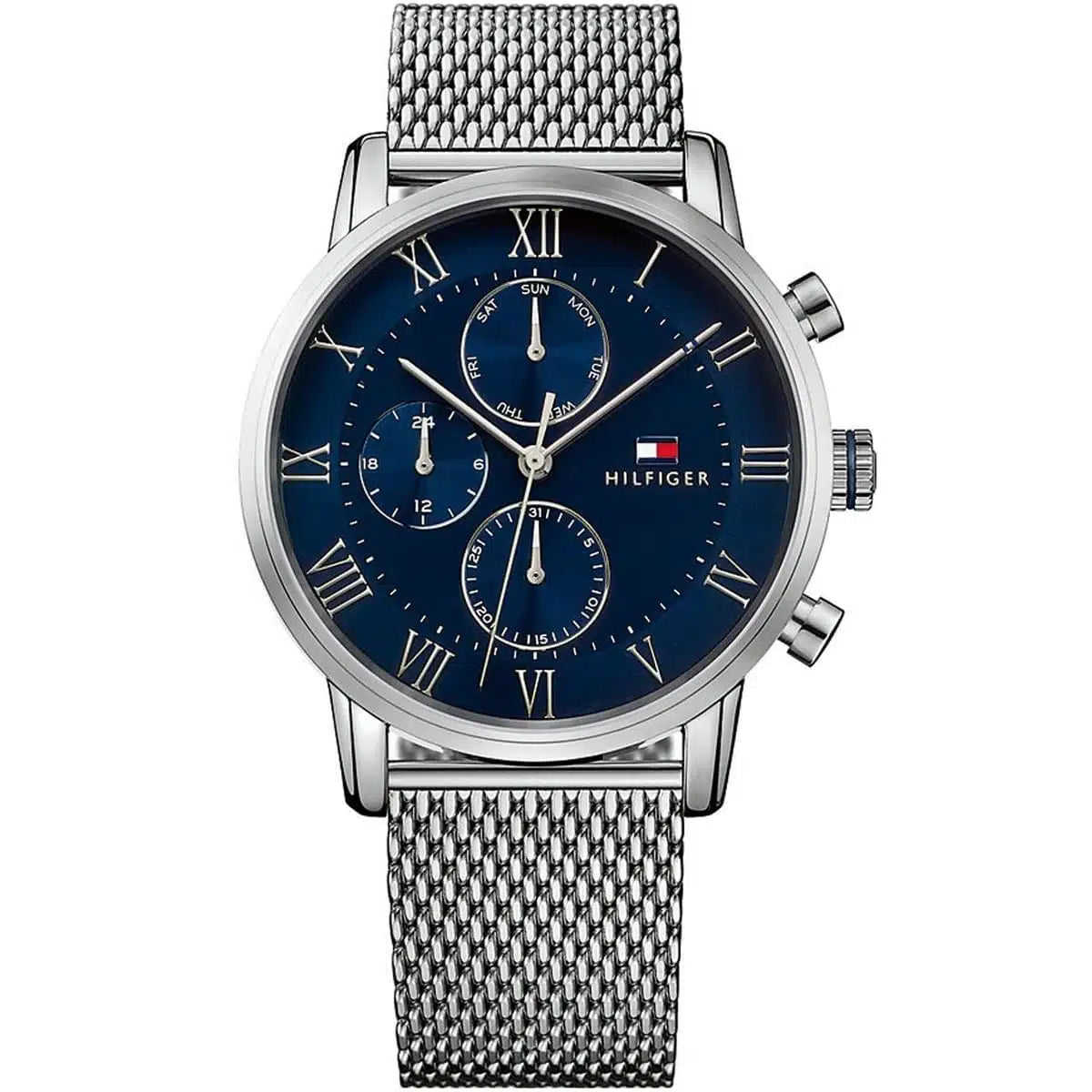 Tommy Hilfiger Kane 1791398 44mm Men's Multi-Function Watch – Blue & Silver Stainless Steel Mesh Bracelet