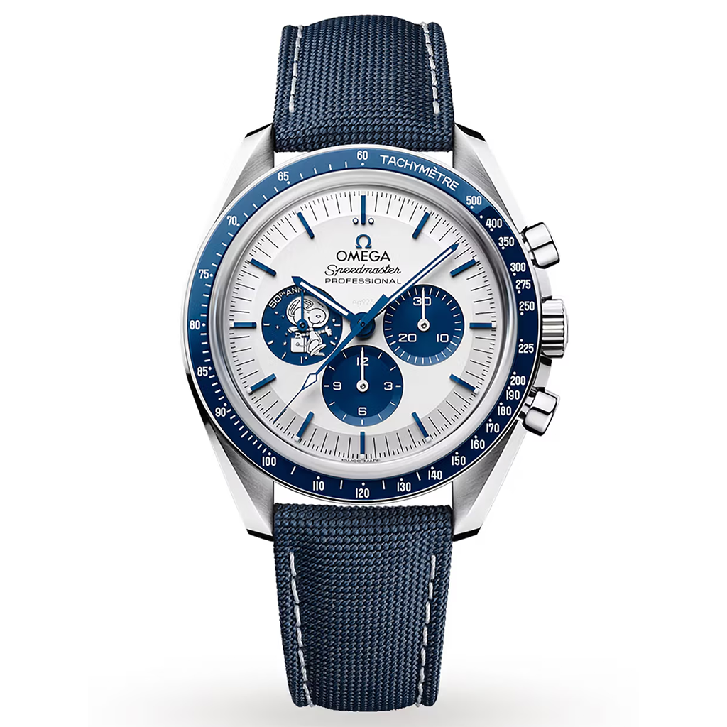 Omega Speedmaster “Silver Snoopy Award” 50th Anniversary Master Quality Watch – White Dial & Navy Leather Strap