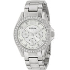Fossil Riley ES3202 38mm Women’s Watch – Silver Sunray Dial, Stainless Steel Bracelet & Crystal-Set Bezel