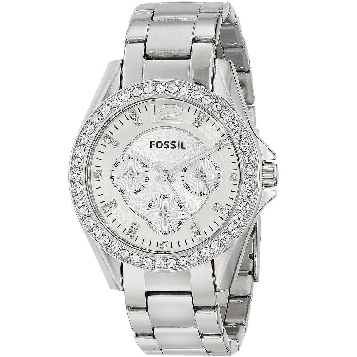 Fossil Riley ES3202 38mm Women’s Watch – Silver Sunray Dial, Stainless Steel Bracelet & Crystal-Set Bezel