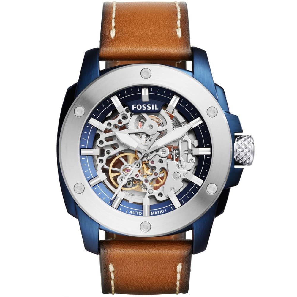 Fossil Modern Machine ME3135 45mm Men’s Automatic Watch – Blue Skeleton Dial & Brown Genuine Leather Strap