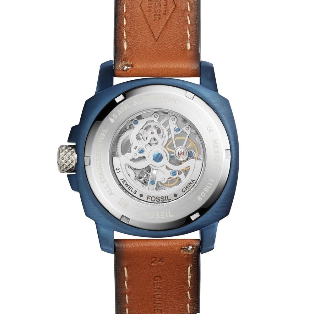 Fossil Modern Machine ME3135 45mm Men’s Automatic Watch – Blue Skeleton Dial & Brown Genuine Leather Strap
