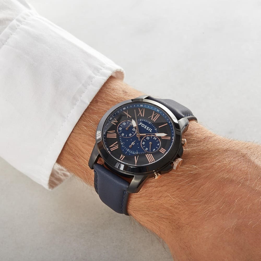 Fossil Grant FS5061 43mm Men’s Chronograph Watch – Black Dial & Blue Genuine Leather Strap