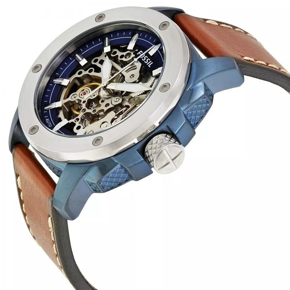 Fossil Modern Machine ME3135 45mm Men’s Automatic Watch – Blue Skeleton Dial & Brown Genuine Leather Strap