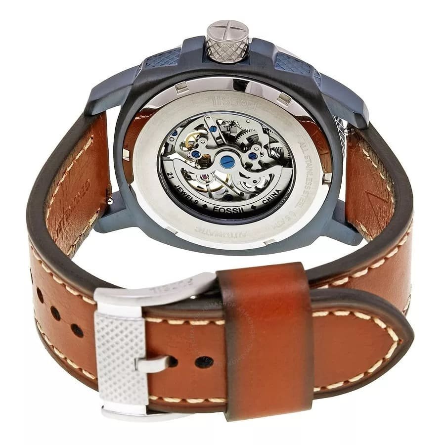 Fossil Modern Machine ME3135 45mm Men’s Automatic Watch – Blue Skeleton Dial & Brown Genuine Leather Strap