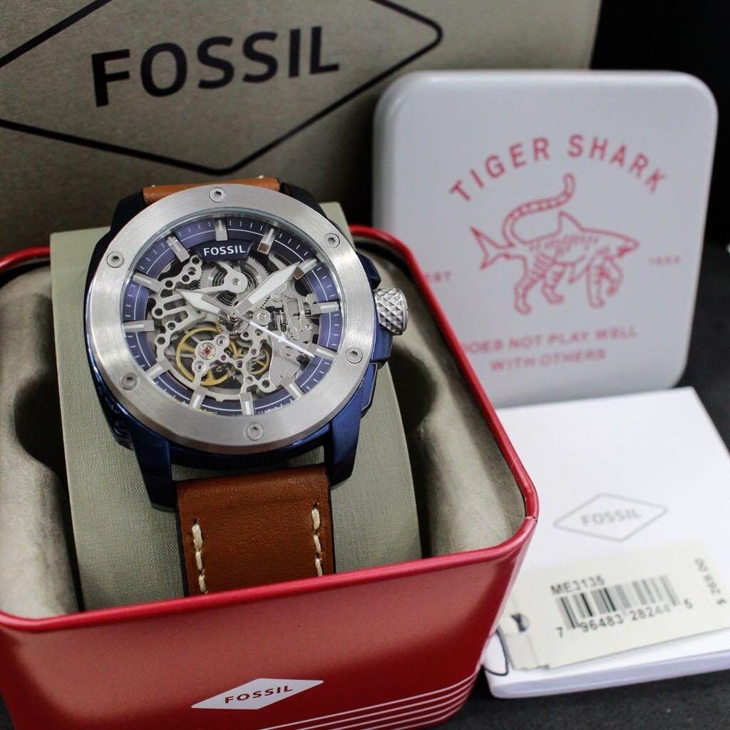 Fossil Modern Machine ME3135 45mm Men’s Automatic Watch – Blue Skeleton Dial & Brown Genuine Leather Strap