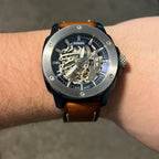 Fossil Modern Machine ME3135 45mm Men’s Automatic Watch – Blue Skeleton Dial & Brown Genuine Leather Strap