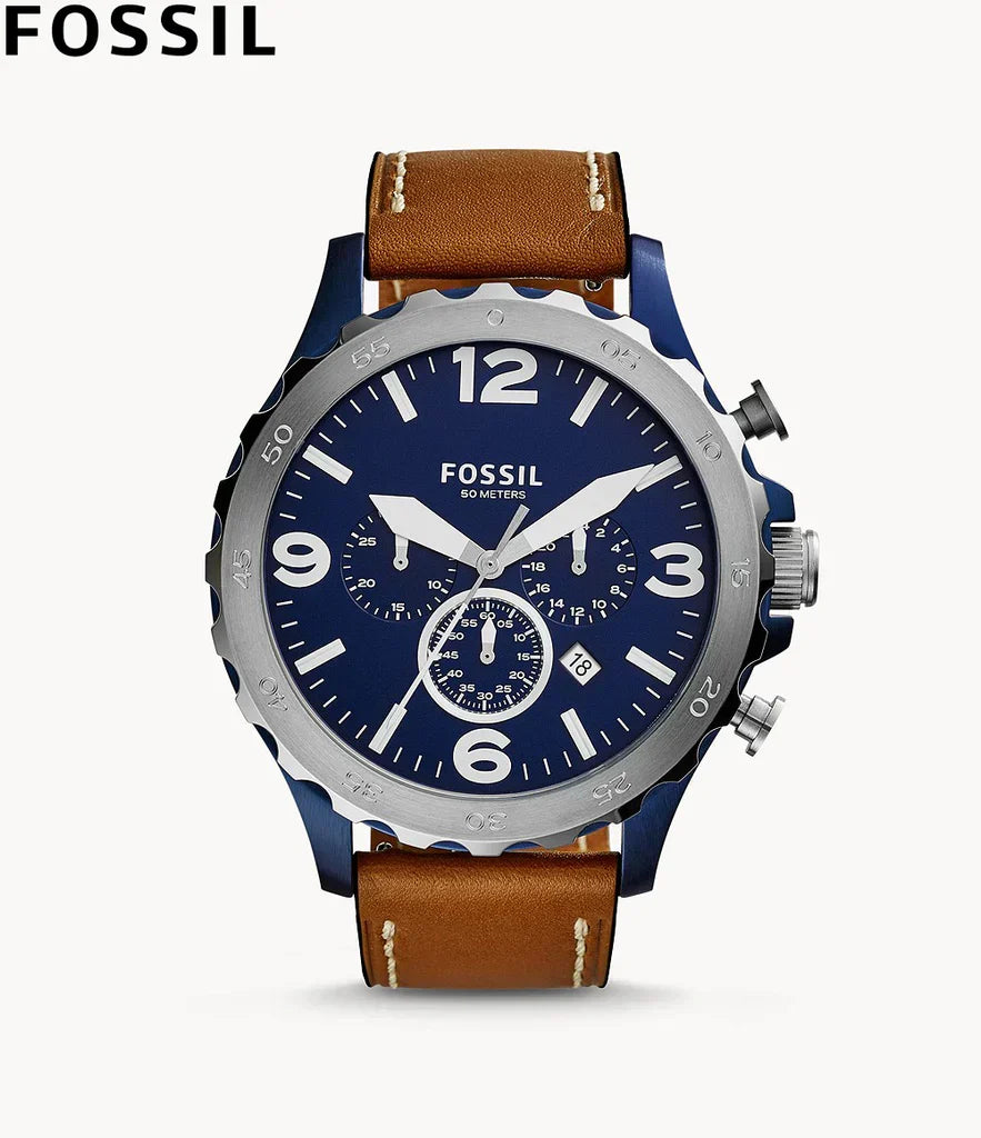 Fossil Nate JR1504 50mm Men’s Chronograph Watch – Navy Blue Dial & Brown Genuine Leather Strap