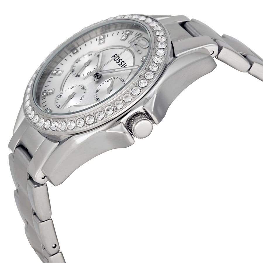Fossil Riley ES3202 38mm Women’s Watch – Silver Sunray Dial, Stainless Steel Bracelet & Crystal-Set Bezel