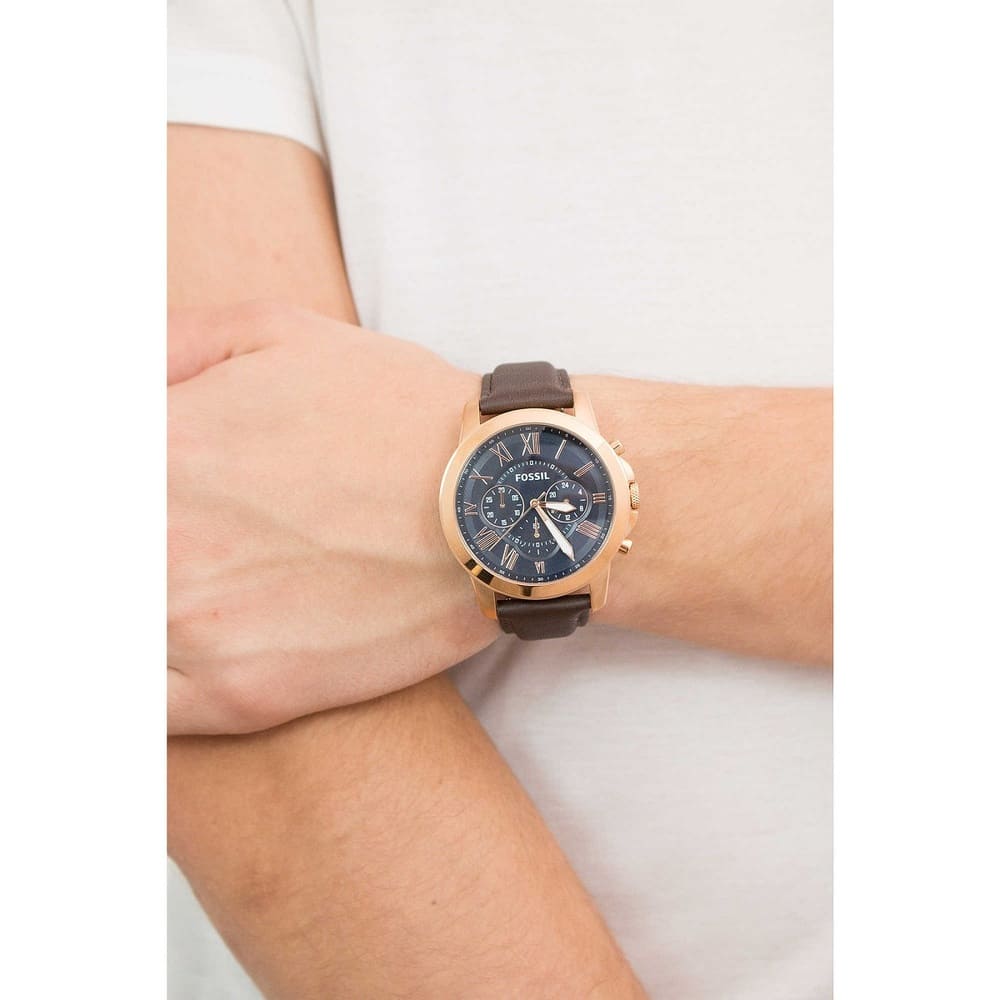 Fossil Grant FS5068 44mm Men’s Chronograph Watch – Blue Dial & Brown Genuine Leather Strap
