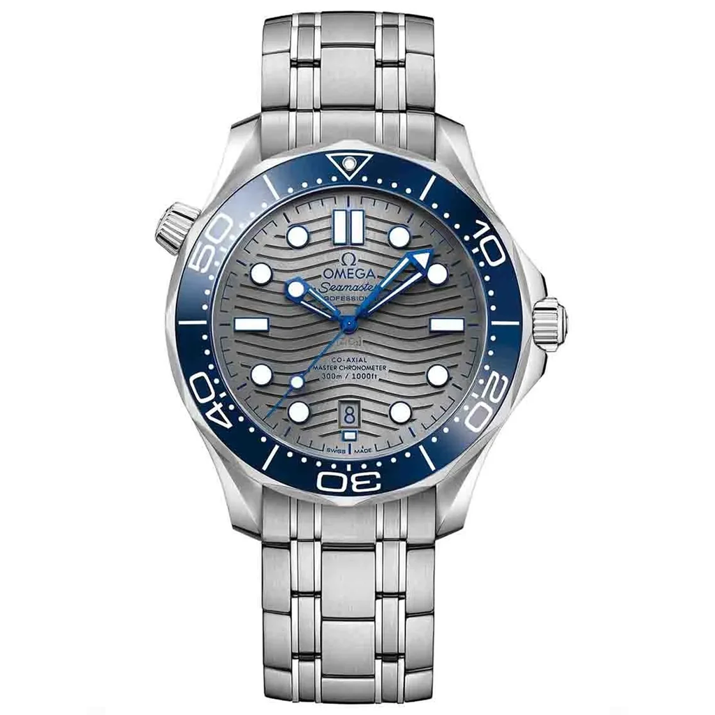 Omega Seamaster Diver 300M 42mm Master Quality Watch – Grey Dial, Blue Bezel & Stainless Steel Mesh Bracelet