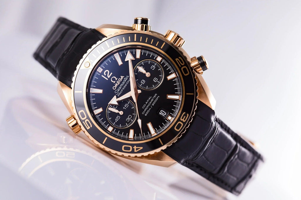 Omega Seamaster Planet Ocean 45.5mm Master Quality Watch – Black Dial, Rose Gold-Tone Case & Black Leather Strap