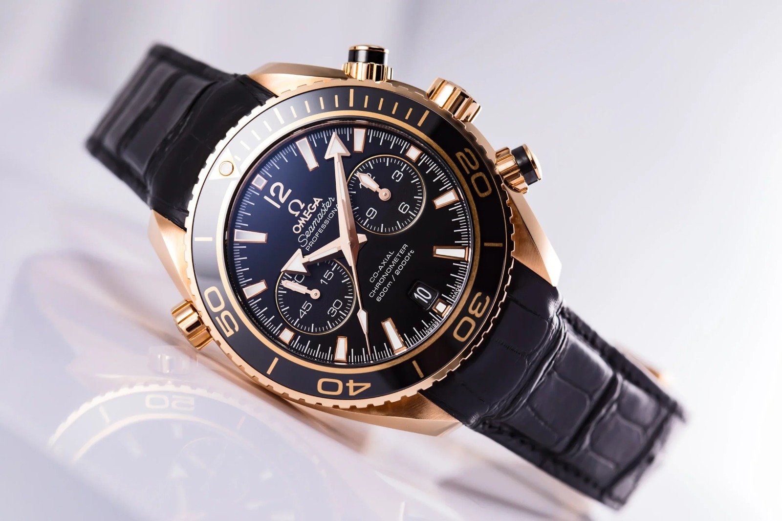 Omega Seamaster Planet Ocean 45.5mm Master Quality Watch – Black Dial, Rose Gold-Tone Case & Black Leather Strap