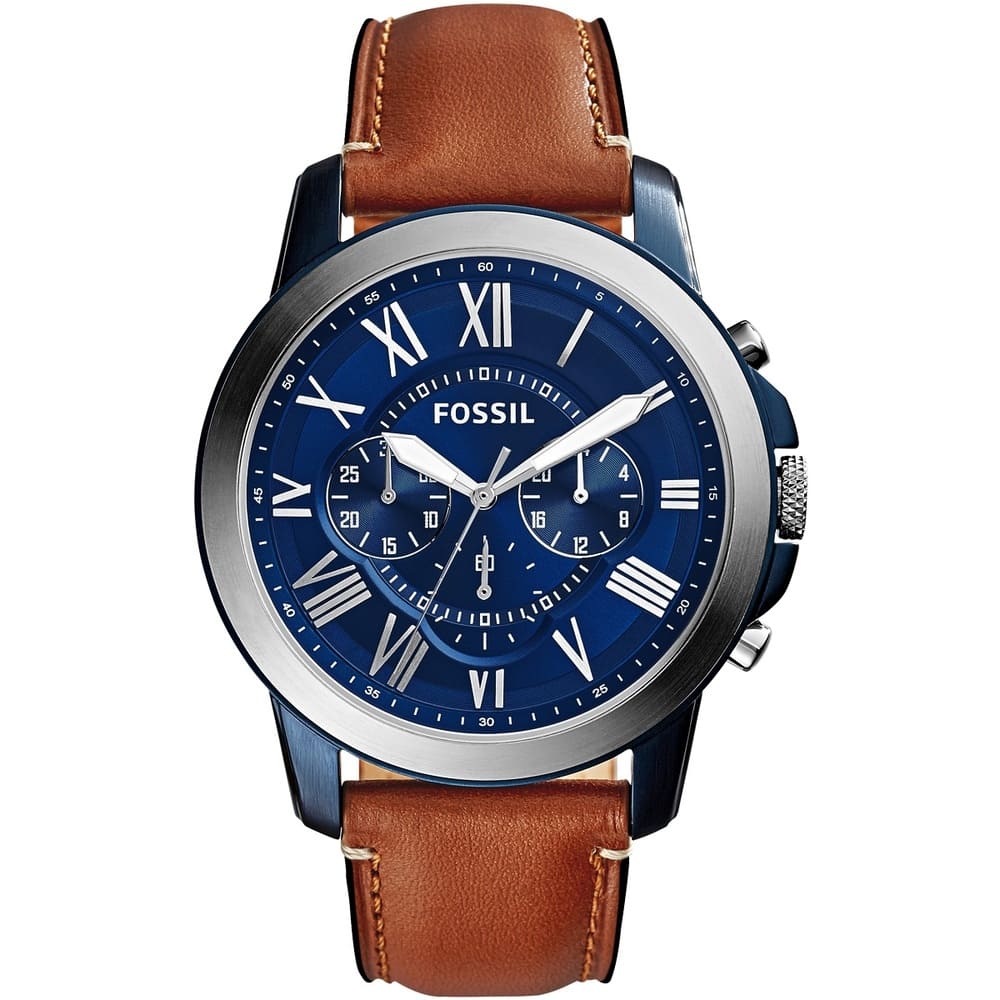 Fossil Grant FS5151 44mm Men’s Chronograph Watch – Blue Dial & Brown Genuine Leather Strap