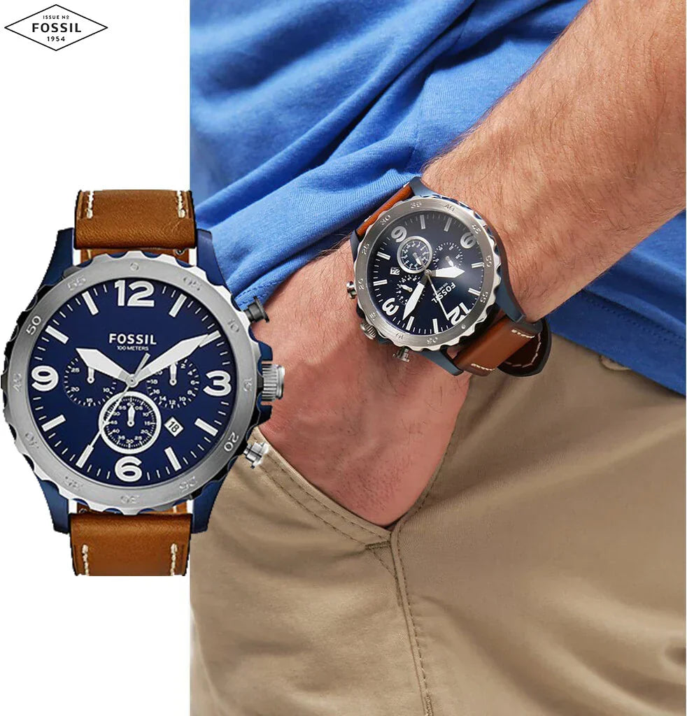 Fossil Nate JR1504 50mm Men’s Chronograph Watch – Navy Blue Dial & Brown Genuine Leather Strap