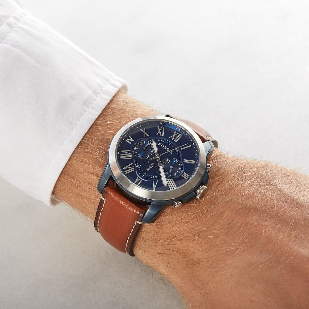 Fossil Grant FS5151 44mm Men’s Chronograph Watch – Blue Dial & Brown Genuine Leather Strap