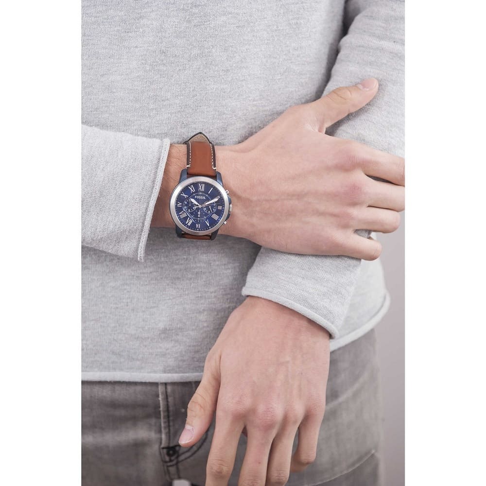 Fossil Grant FS5151 44mm Men’s Chronograph Watch – Blue Dial & Brown Genuine Leather Strap
