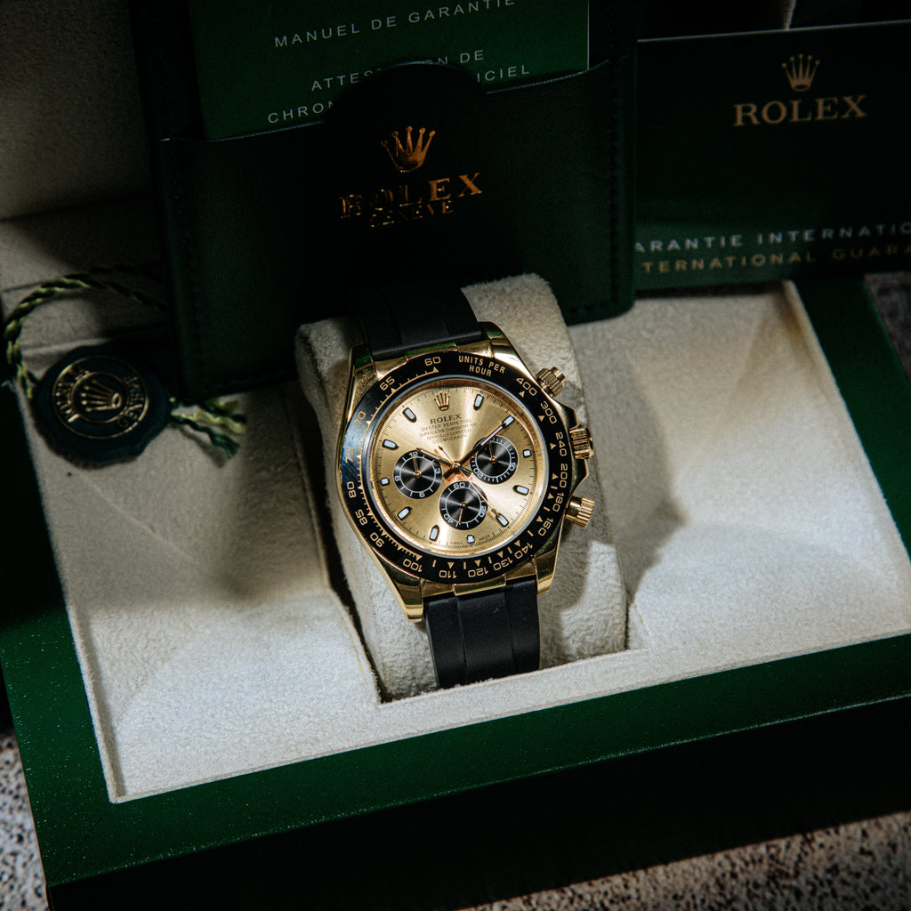 Rolex Cosmograph Daytona Master Quality Watch – Gold-Tone Dial, Black Ceramic Bezel & Oysterflex Rubber Strap