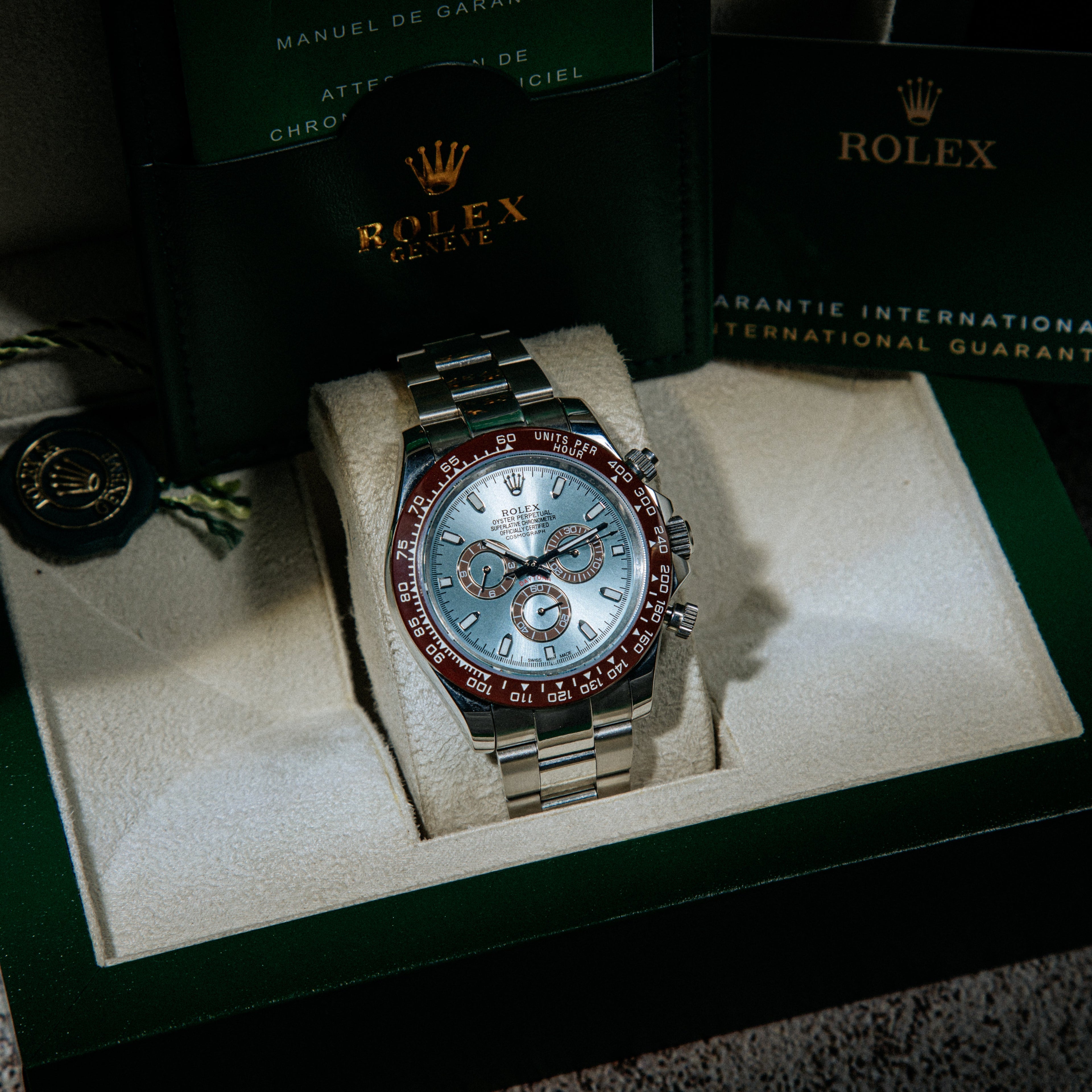 Rolex Cosmograph Daytona Master Quality Watch – Ice Blue Dial, Brown Ceramic Bezel & Stainless Steel Oyster Bracelet